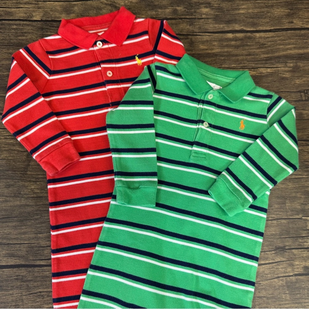 Ralph Lauren Striped Baby Polo Rompers - Red and Green, Size 9 Months